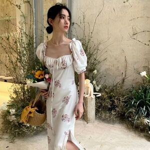 White Floral Square Neck Midi Dress – Size S (NWT)